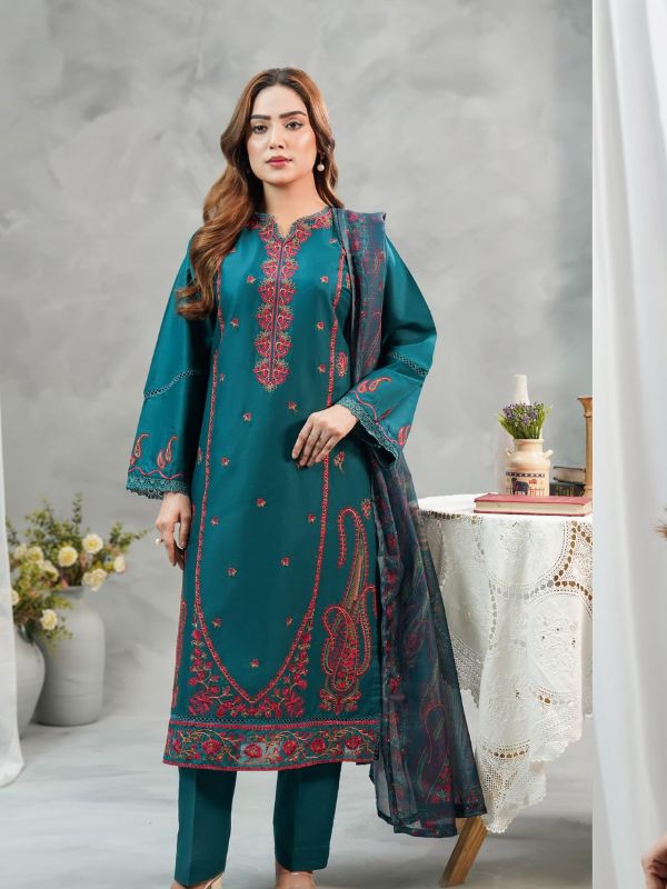 Deep Teal and Rust-Crimson Embroidered 3-Piece Lawn Suit
