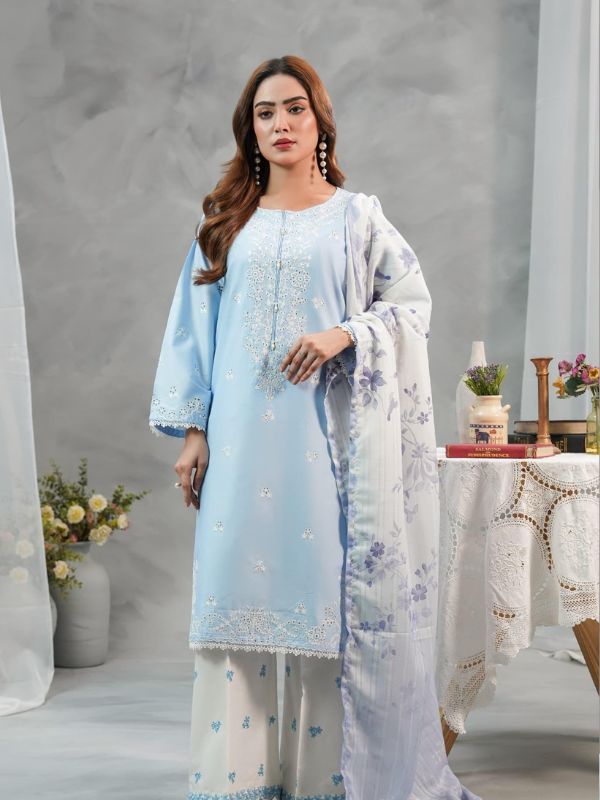 Sky Blue and Ivory Embroidered 3-Piece Lawn Suit
