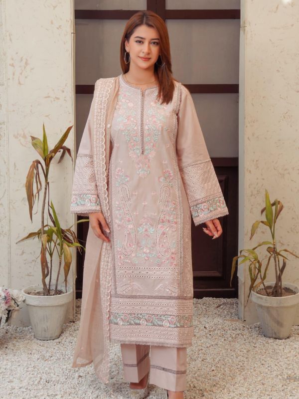Pastel Peach-Beige Elegant Embroidered Eid Suit