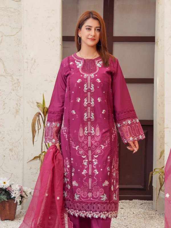 Deep Magenta Embroidered Festive Lawn Suit