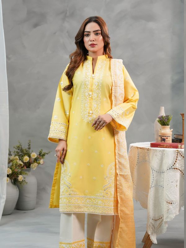 Vibrant Mustard Yellow & Cream Embroidered Summer Suit