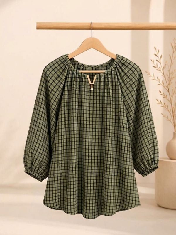Relaxed Fit Cotton Blend Checkered Top