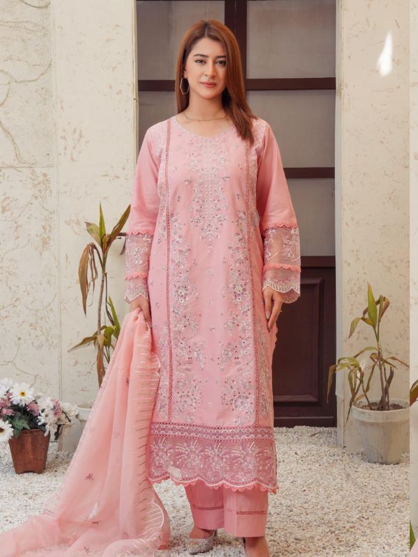 Pastel Blush Pink Heavily Embroidered Organza Ensemble