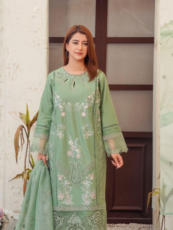 Sage Green Embroidered Schiffli Luxury Suit