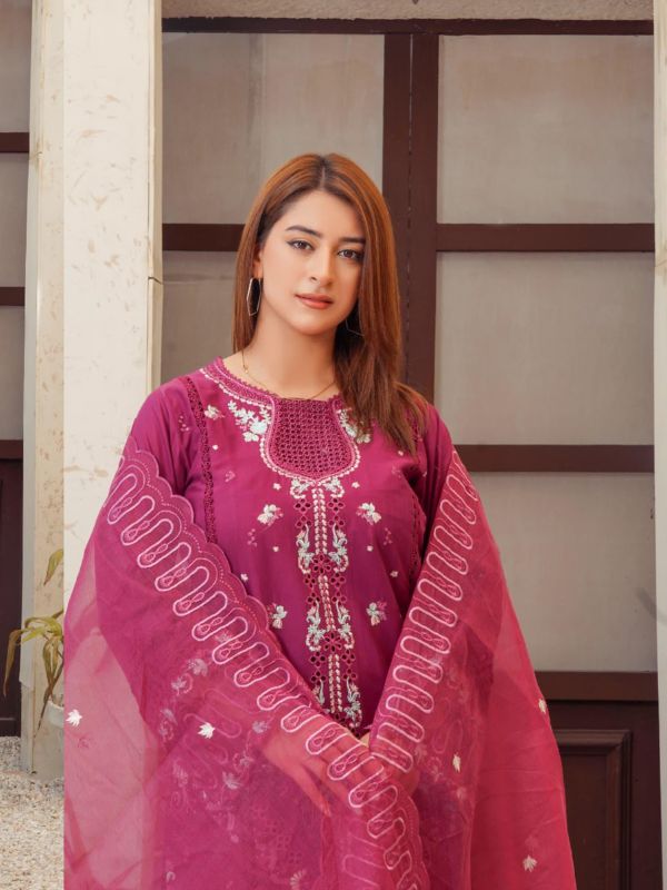 Deep Magenta Embroidered Festive Lawn Suit