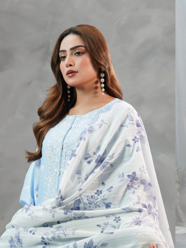 Sky Blue and Ivory Embroidered 3-Piece Lawn Suit
