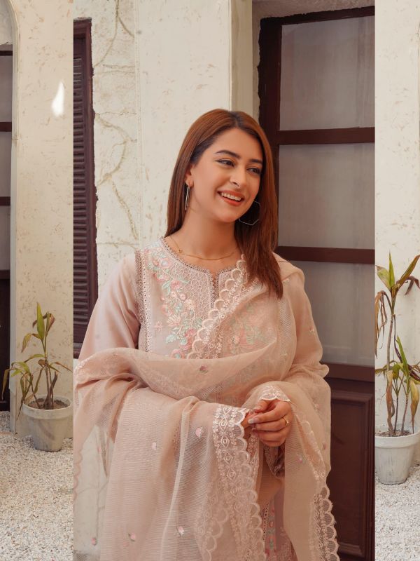 Pastel Peach-Beige Elegant Embroidered Eid Suit