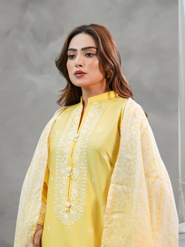 Vibrant Mustard Yellow & Cream Embroidered Summer Suit