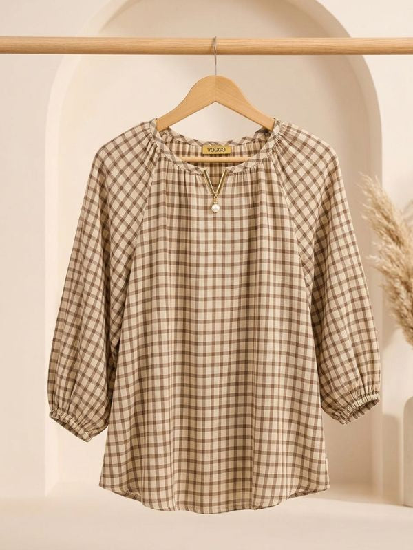 Relaxed Fit Cotton Blend Checkered Top