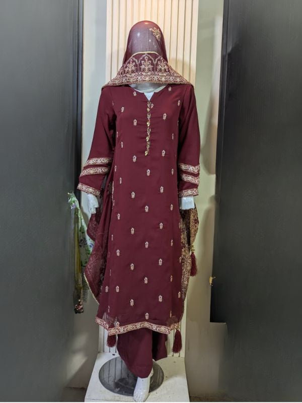 Elegant Deep Maroon 3-Piece Embroidered Chiffon Suit with heavy embroidred Dupatta
