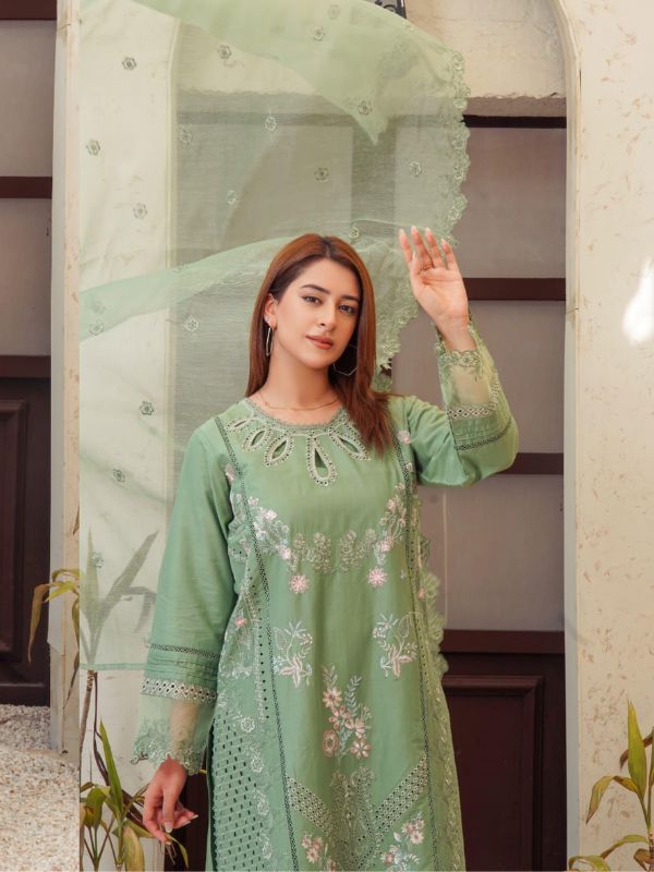 Sage Green Embroidered Schiffli Luxury Suit