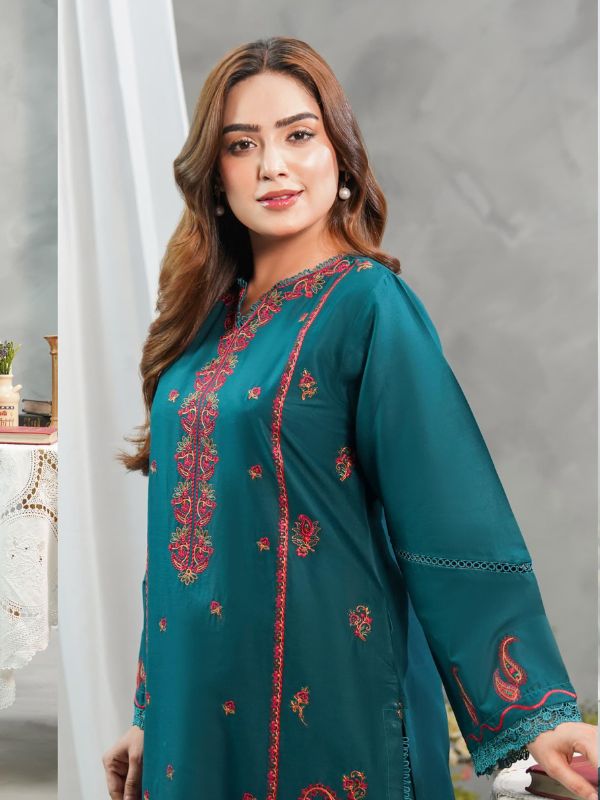 Deep Teal and Rust-Crimson Embroidered 3-Piece Lawn Suit