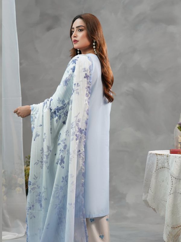 Sky Blue and Ivory Embroidered 3-Piece Lawn Suit