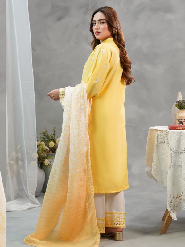 Vibrant Mustard Yellow & Cream Embroidered Summer Suit
