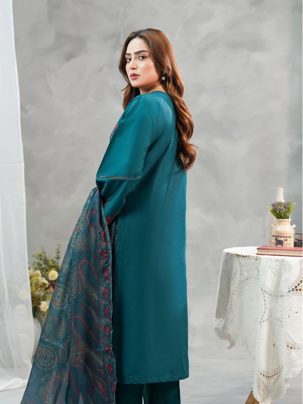 Deep Teal and Rust-Crimson Embroidered 3-Piece Lawn Suit