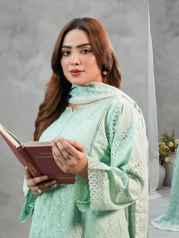 Mint Green Chikankari Embroidered 3-Piece Lawn Suit