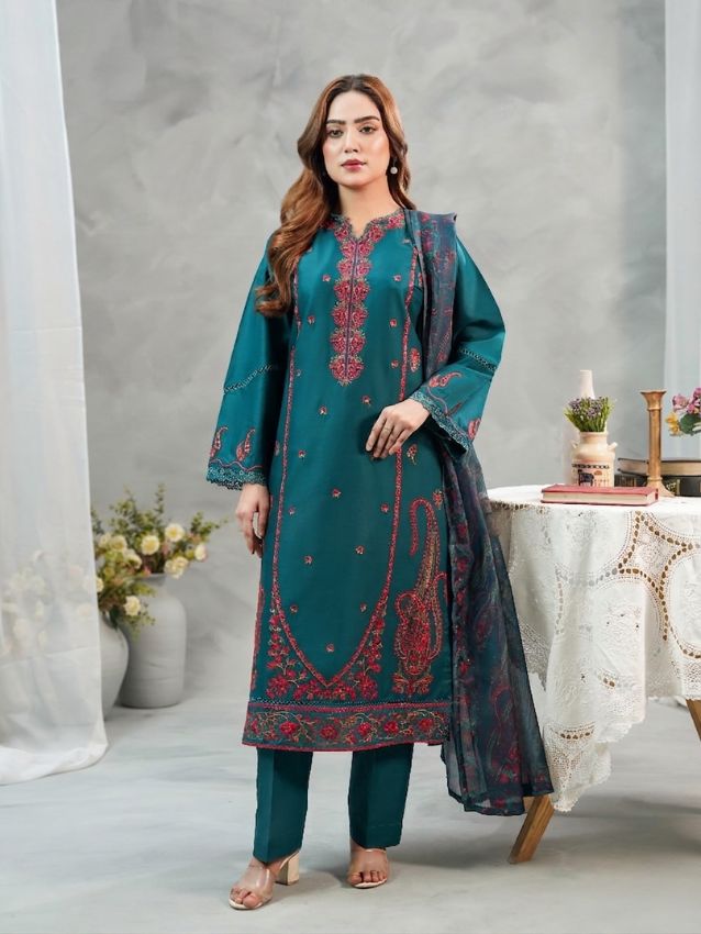 Deep Teal Embroidered 3-Piece Festive Suit - Hayats Collections