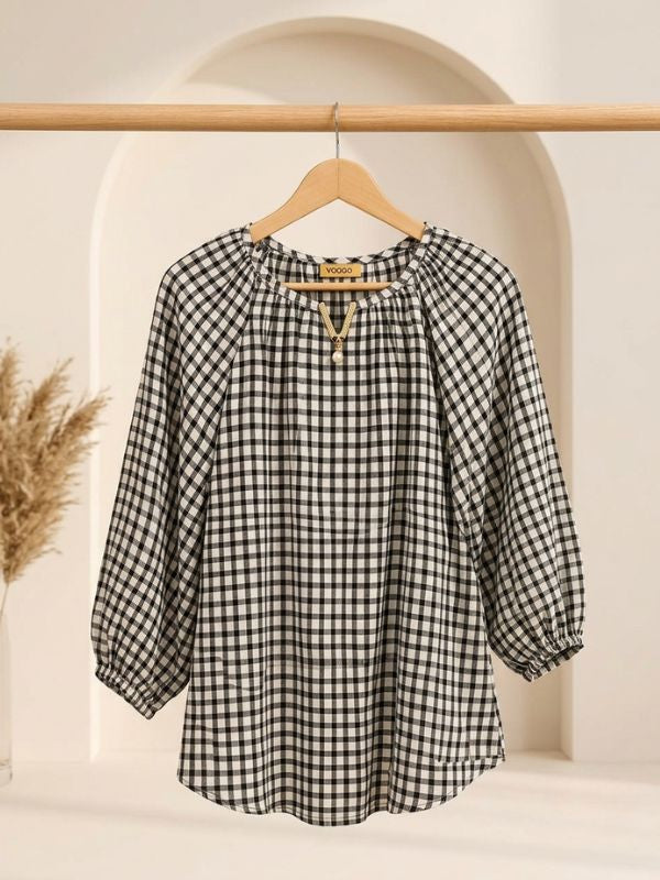 Relaxed Fit Cotton Blend Checkered Top