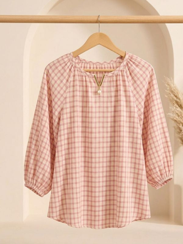 Relaxed Fit Cotton Blend Checkered Top