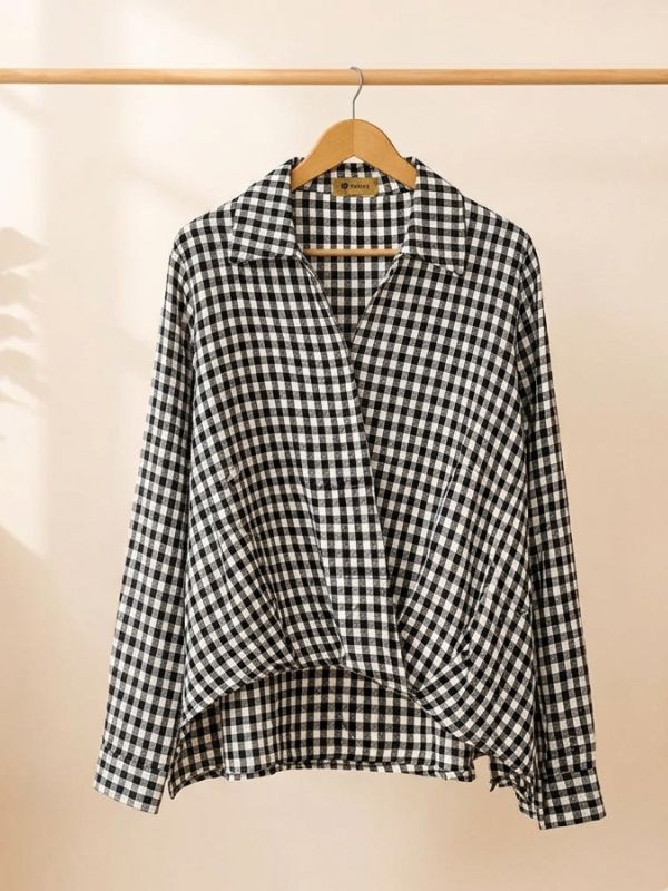 Women's Gingham Check Wrap Top