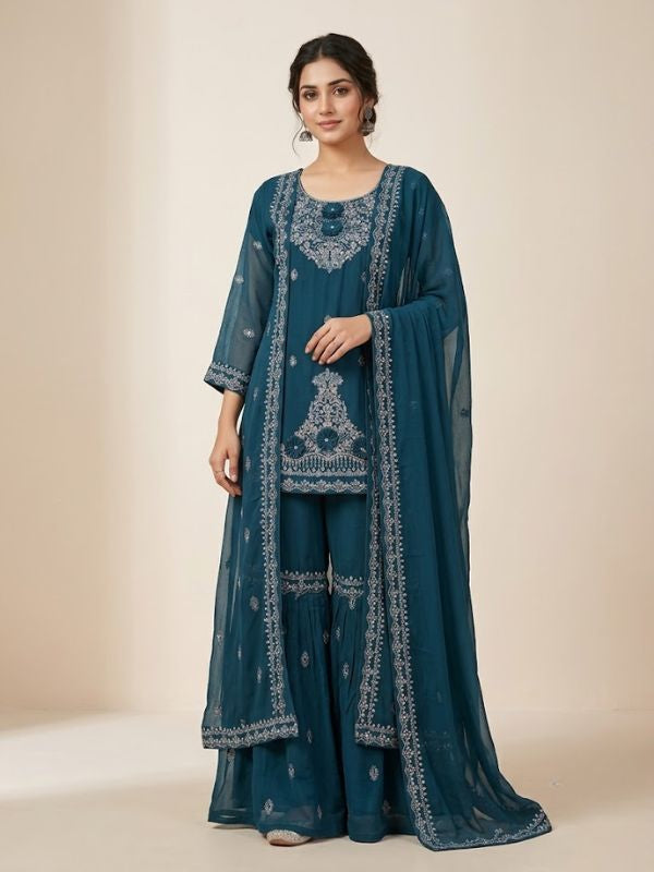 Deep Teal Embroidered Sharara Set with Sheer Jacket