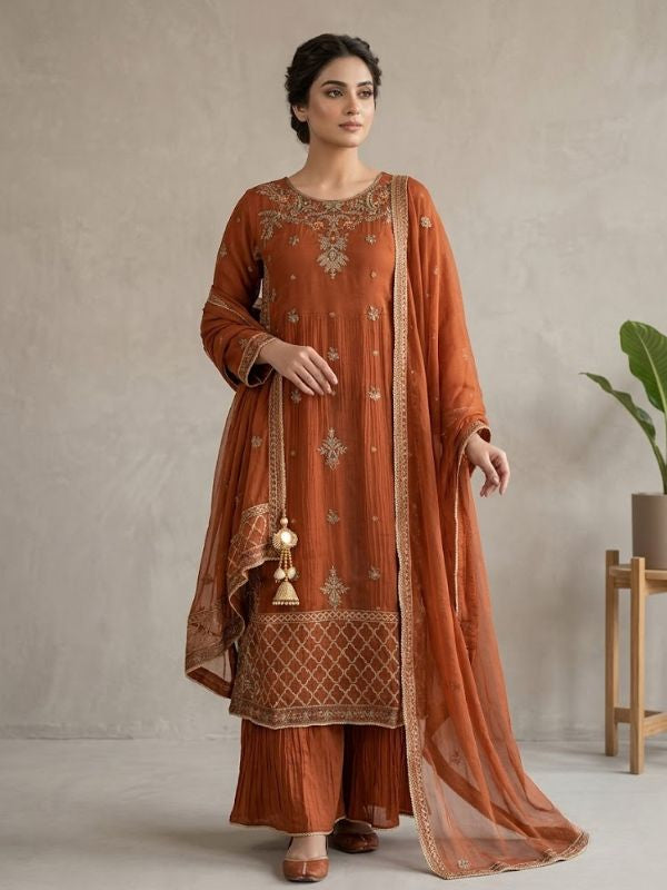 Elegant Rust-Orange Embroidered Sharara Suit with Sheer Dupatta