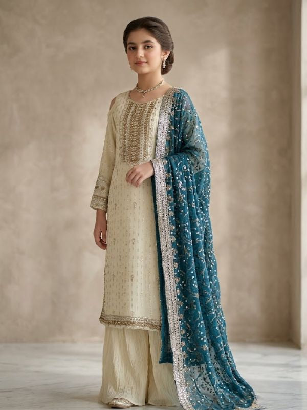 Georgette Suit with Heavily Embroidered Sequin Kurti and Teal Blue embroidred Dupatta
