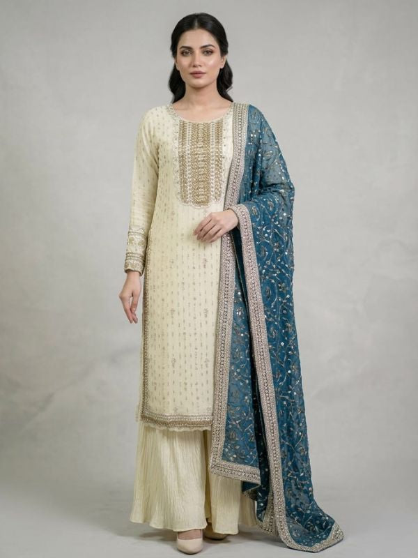 Georgette Suit with Heavily Embroidered Sequin Kurti and Teal Blue embroidred Dupatta