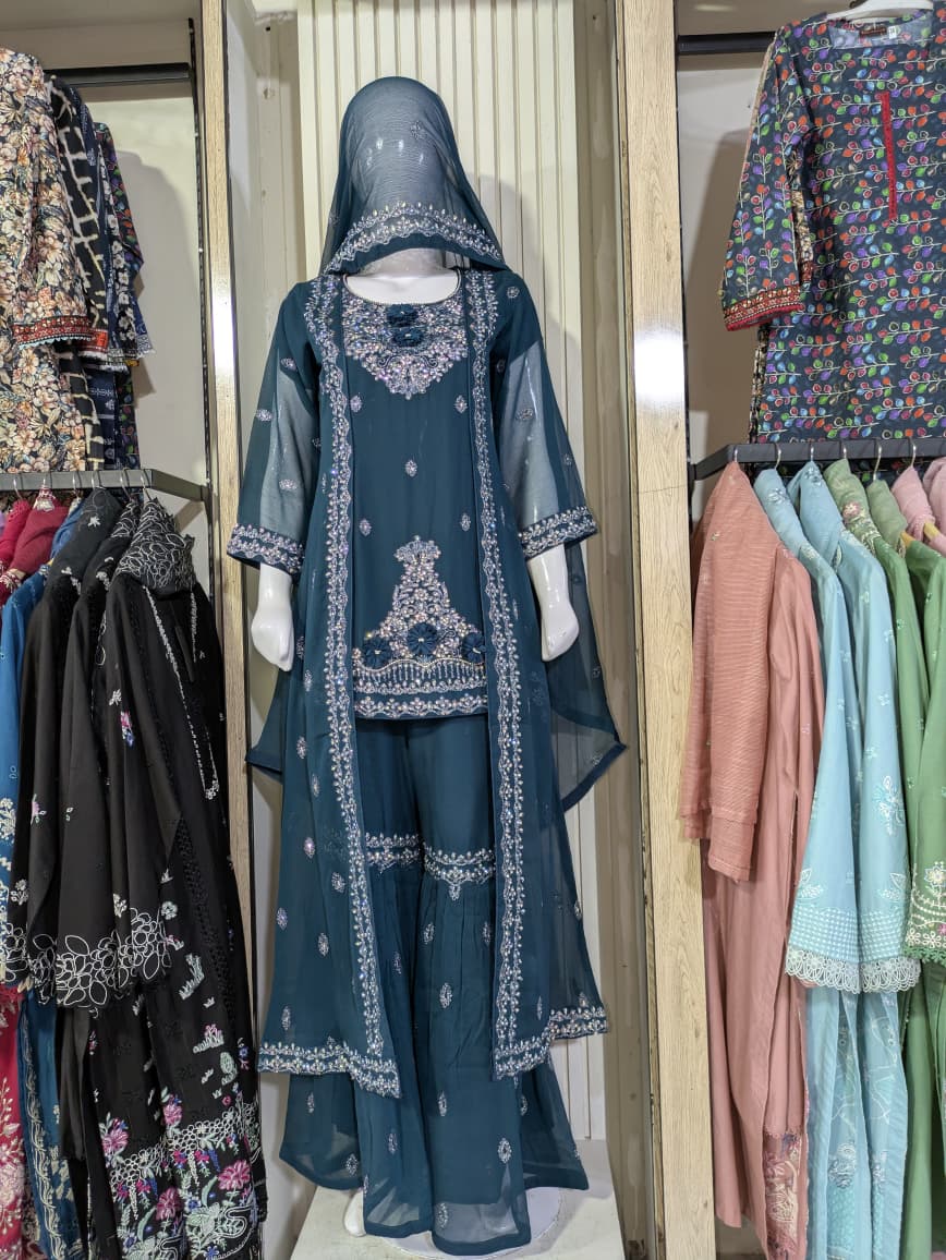 Deep Teal Embroidered Sharara Set with Sheer Jacket