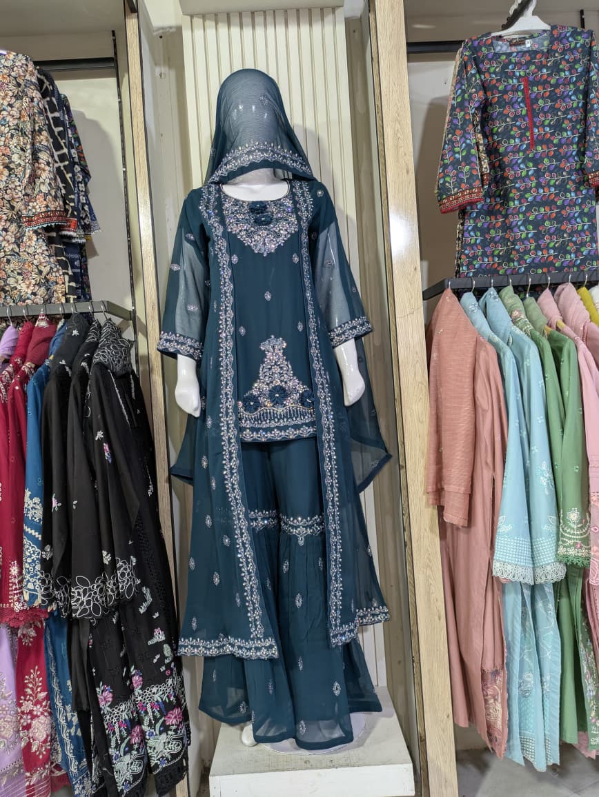 Deep Teal Embroidered Sharara Set with Sheer Jacket